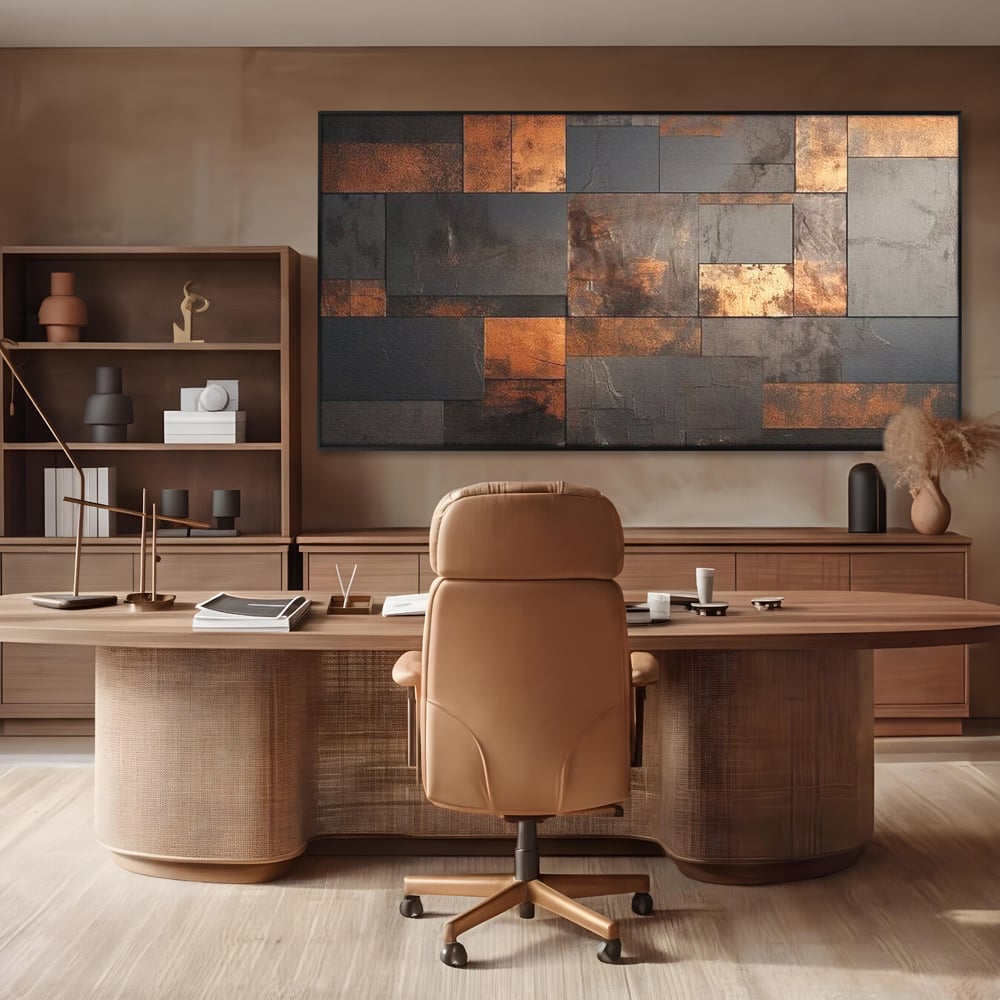 Tablou canvas cu tablou canvas cu placi geometrice metalice, in rama de aluminiu negru, pe perete intr-un birou